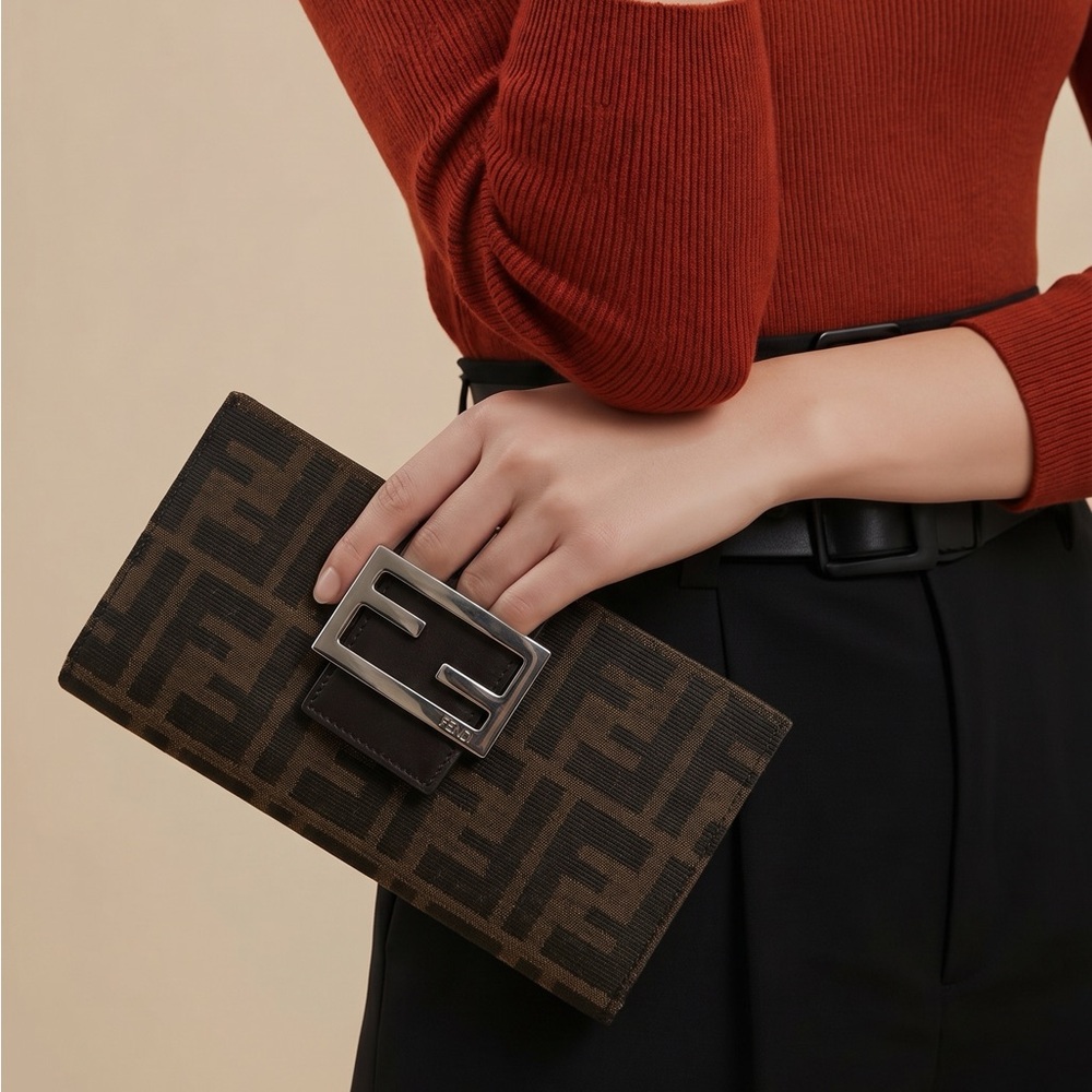 Pre-Loved Fendi Monogram Brown/Black Clutch Silver Logo 7.5x3.5”